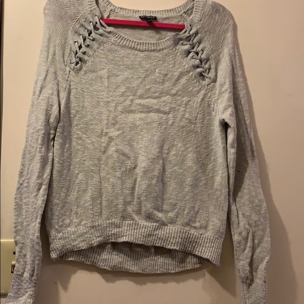 Gray express sweater with side lace up detail